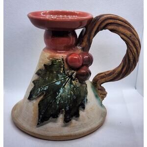 Candle Holder-Taper Candle-Hand Crafted-3D Leaf & Berry Decor-Handle